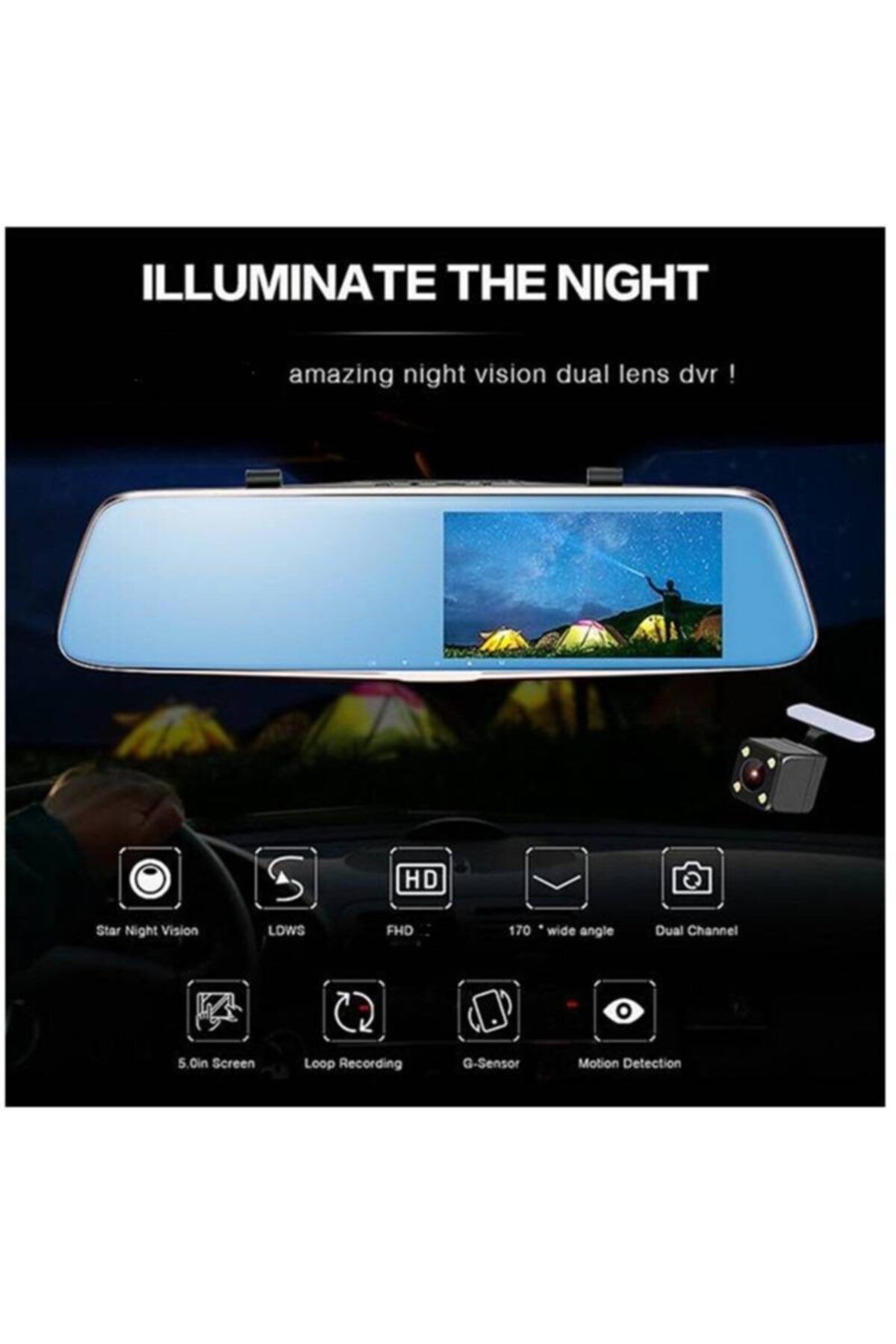 Kingshark 5" Ekranlı Dikiz Aynası Şeklinde Gece Görüşlü Araç Kamerası