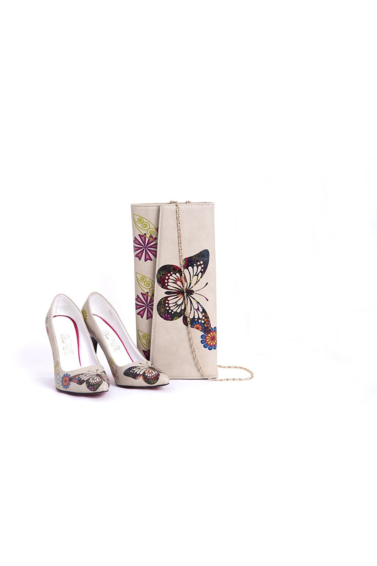 Goby Özel Tasarım- Baskılı- Kelebek Desenli- Topuklu Ayakkabı-çanta Takım