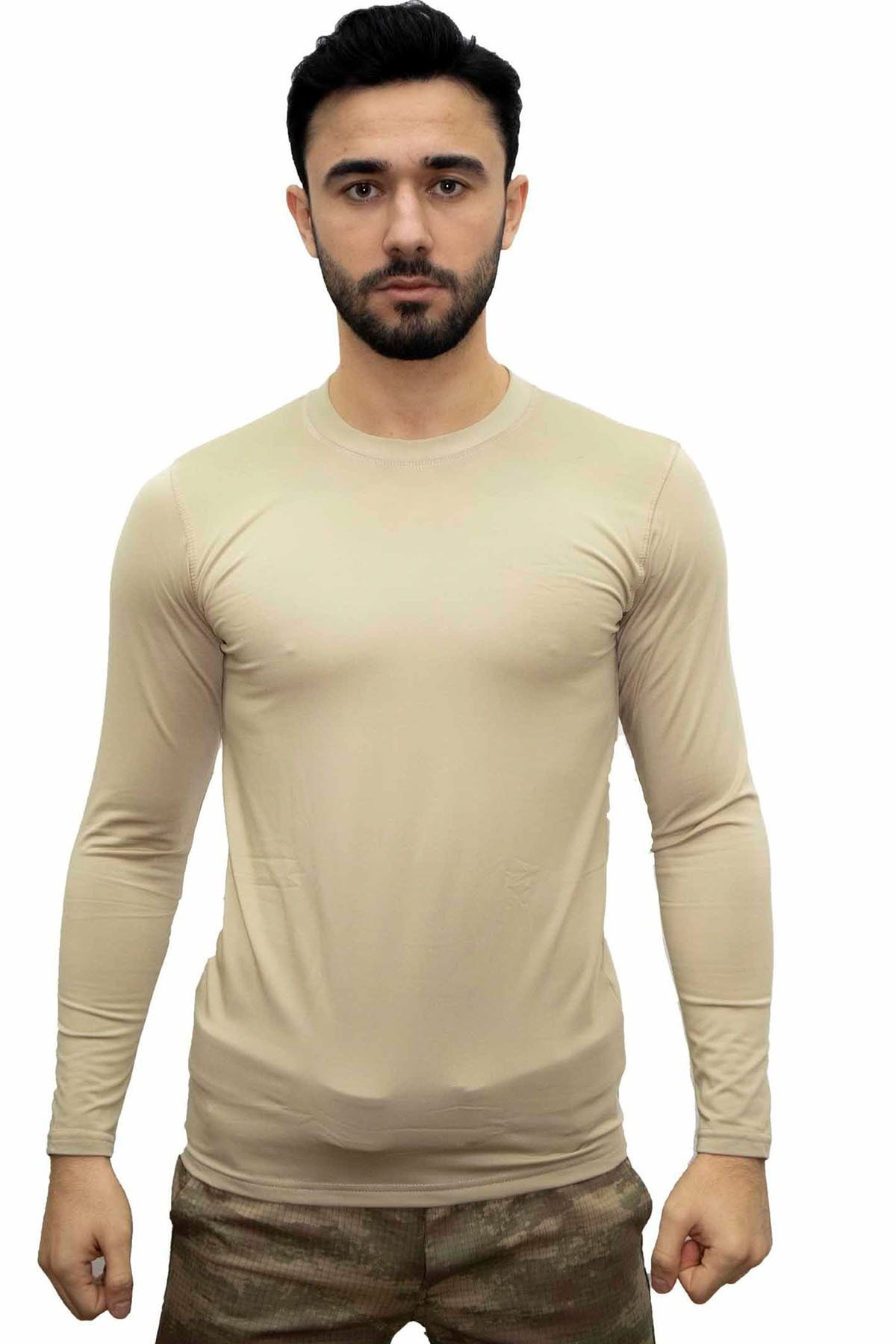 KORDAK Bej Askeri Termal Microfiber Uzun Kol Tişört- Mikrofiber Spor Tişörtü