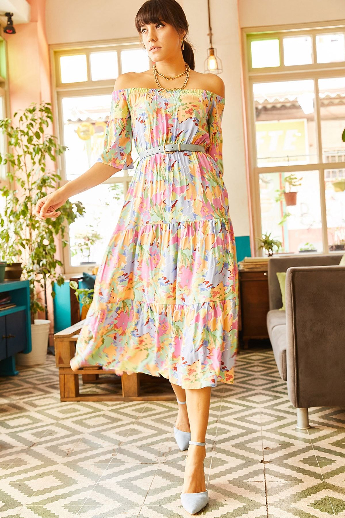 Olalook Kadın Multi Beli Lastikli Renk Desenli Carmen Yaka Elbise ELB-19001228