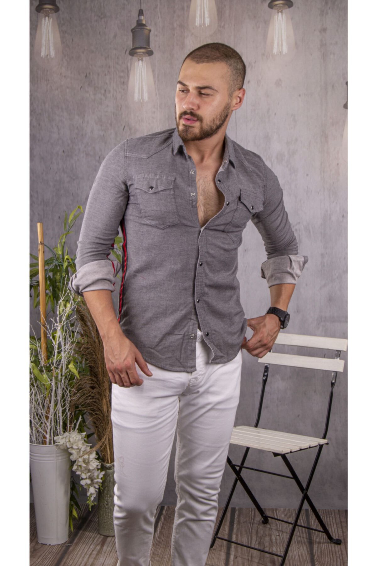 Moda Fethi Gri Cep Detaylı Gömlek