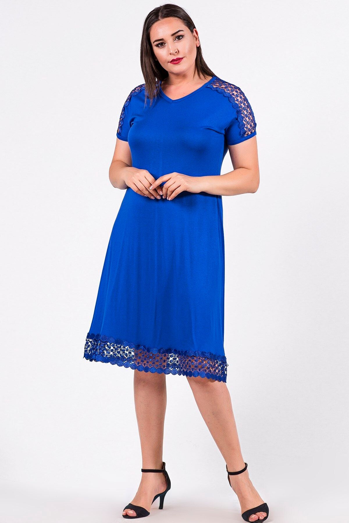 Womenice Kadın Büyük Beden Mavi Omuzu Eteği File Desenli Elbise