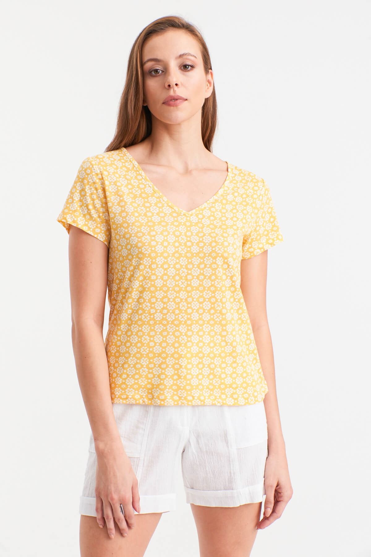 Hanna's Kadın Sarı Sarı V Yaka Çiçekli T-shirt