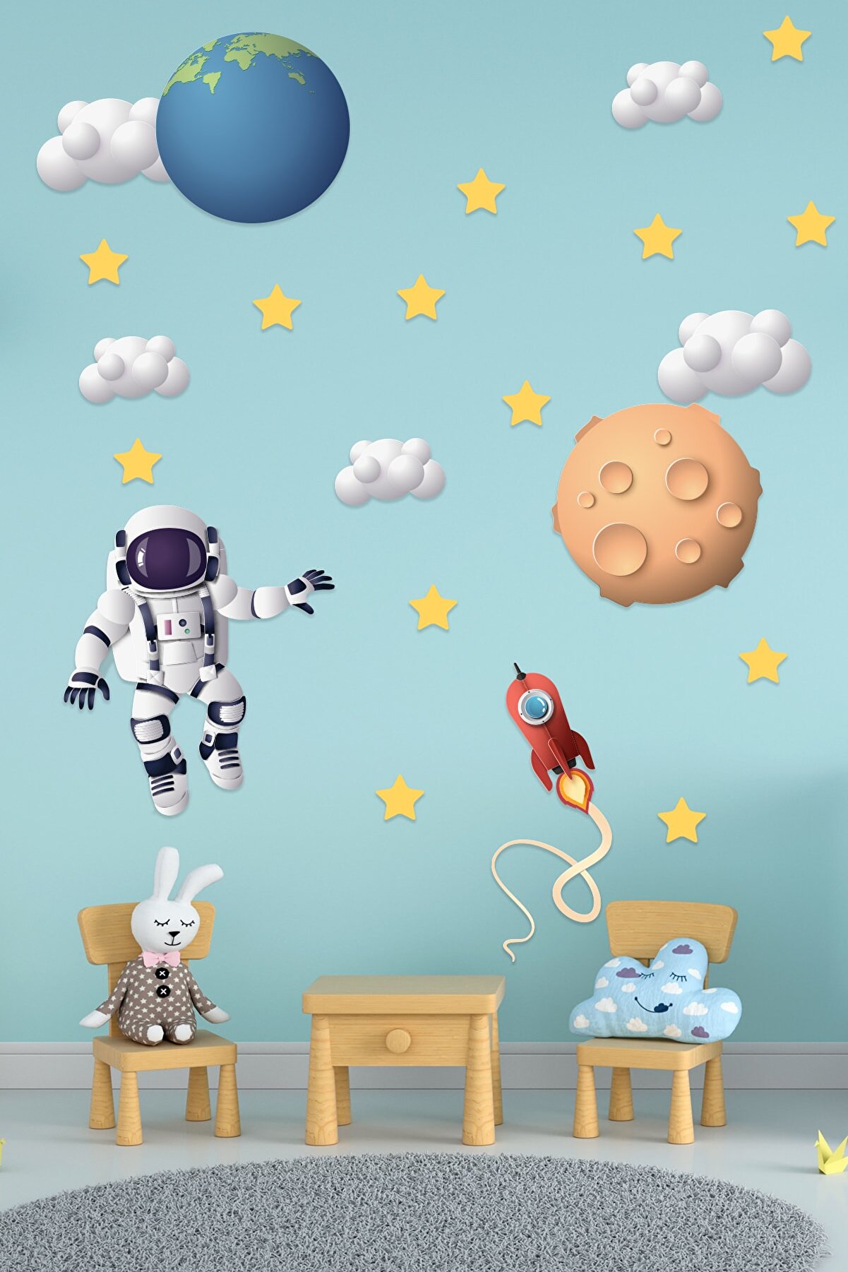 Tilki Dünyası Astronot, Dünya, Göktaşı, Bulutlar Ve Yıldızlar Çocuk Odası Duvar Sticker