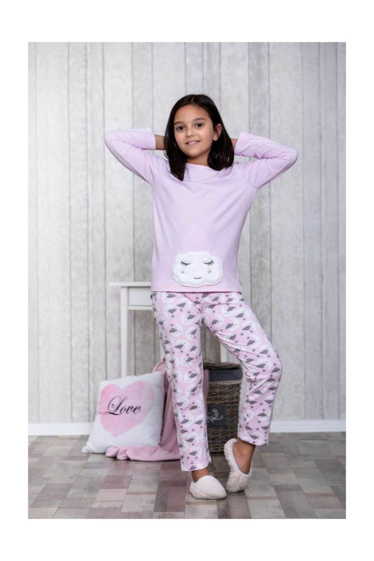 LİNGABOOMS Kız Çocuk Pembe Bulutlu 2'li Pijama Takım