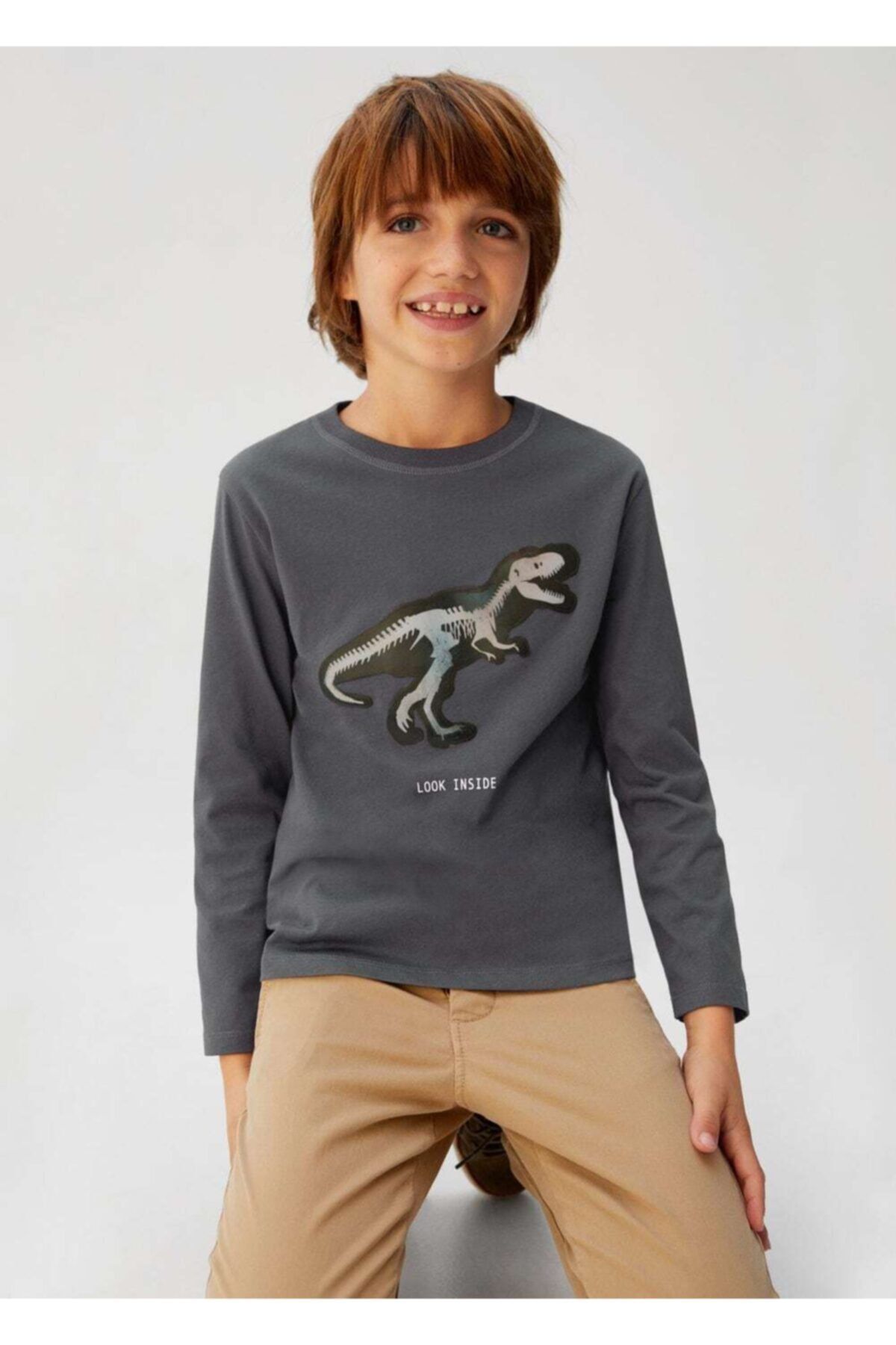 MANGO Kids Erkek Çocuk Gri  Dinozor Baskılı Tişört