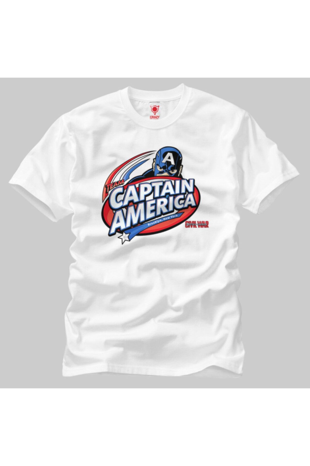 Crazy Erkek Beyaz Team Captain America Cartoon Logo T-Shirt