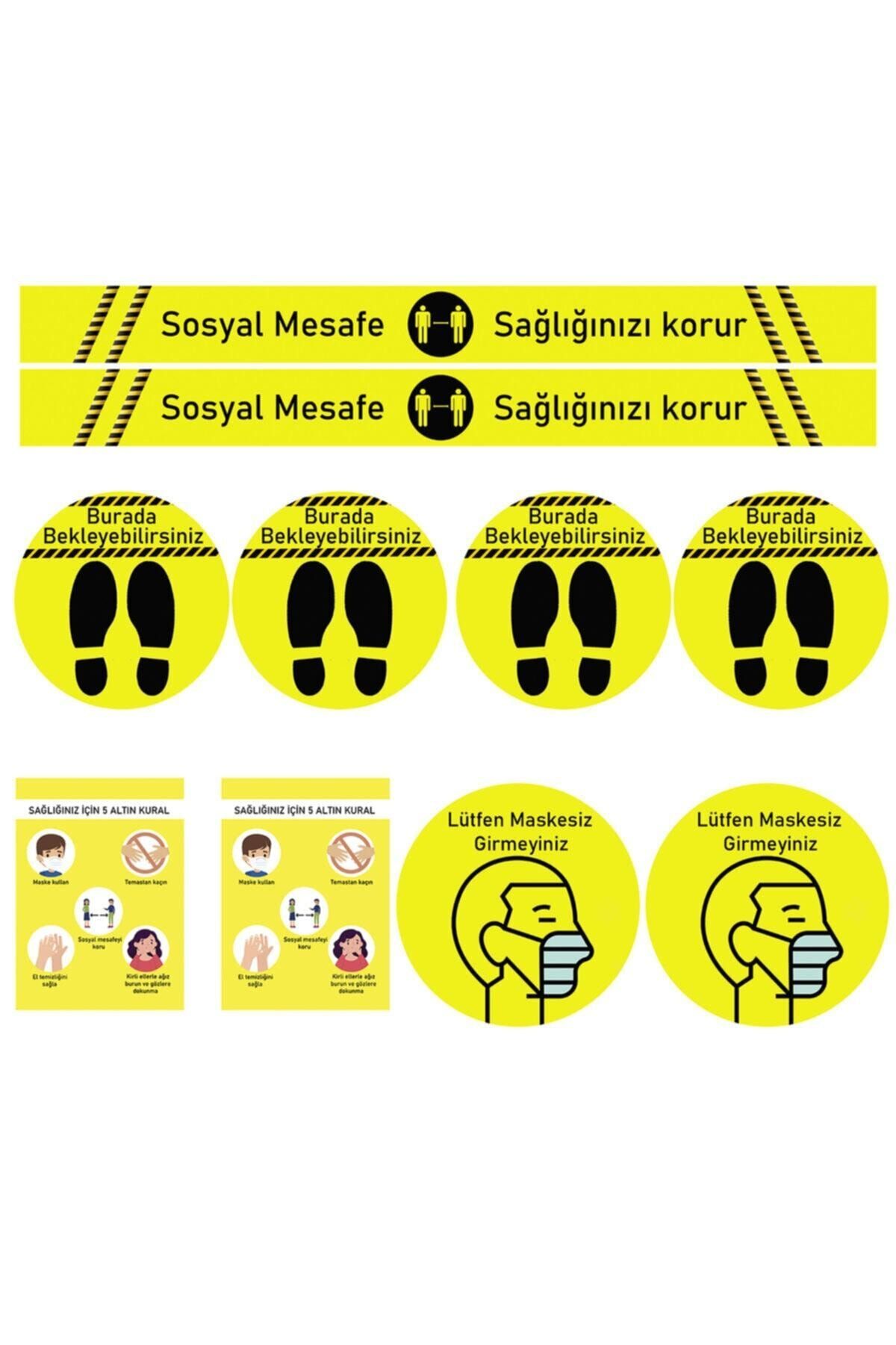 Genel Markalar Sosyal Mesafe Uyarı Sticker Seti 10 Parça Sarı