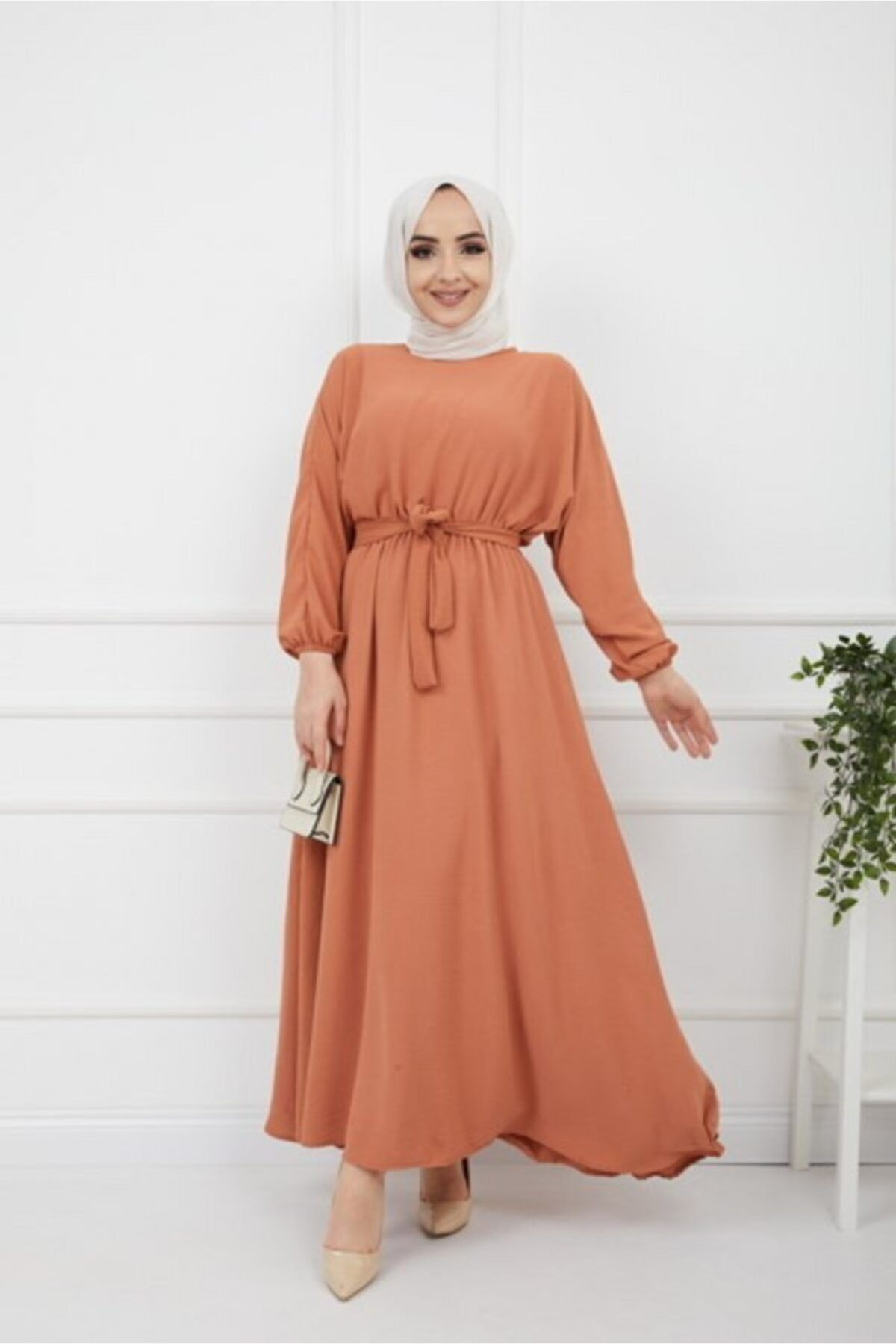 SULTAN BUTİK Kadın Camel Kuşaklı Ayrobin Kumaş Elbise