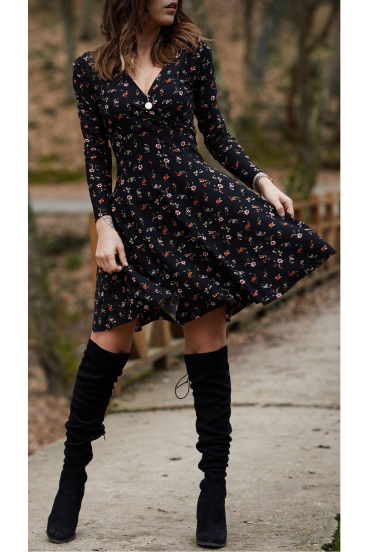 mor butik Kadın Siyah Çiçek Desenli Creep Kruvaze Elbise Crp01001