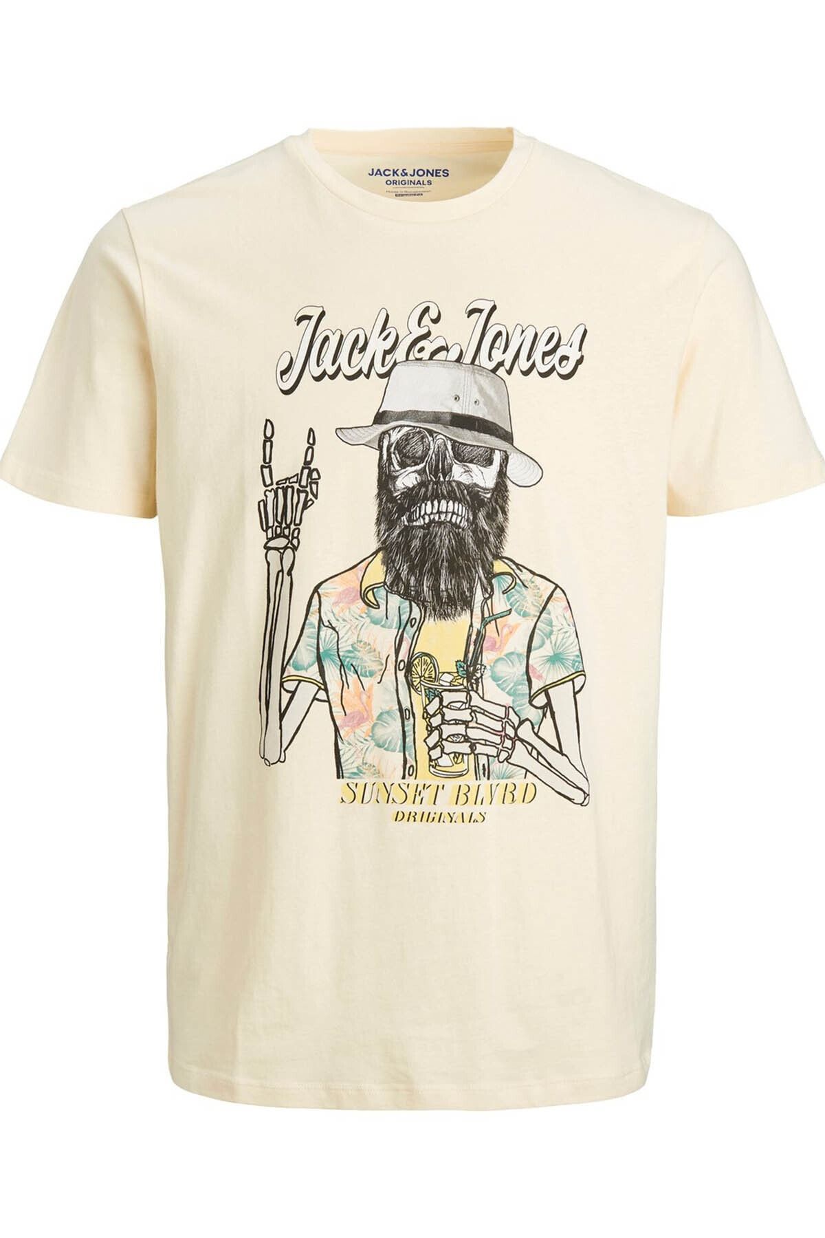 Jack & Jones Erkek Ekru Kuru Kafa Baskılı T-shirt 12190589