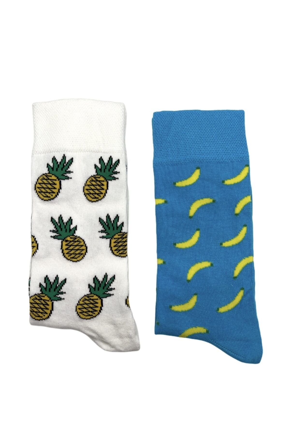 NBG ÇORAP Erkek Beyaz Ananas Ve Muz Desenli Çoraplar 2'li