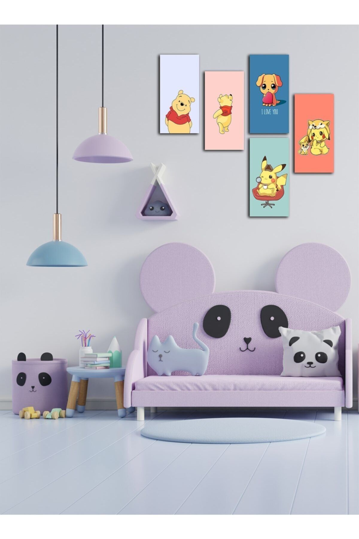 OneMina 5 Parça (10X20) Uv Baskı Mdf Çocuk Odası Sevimli Ayıcık Pikachu Tablo Poster Seti - Set-70