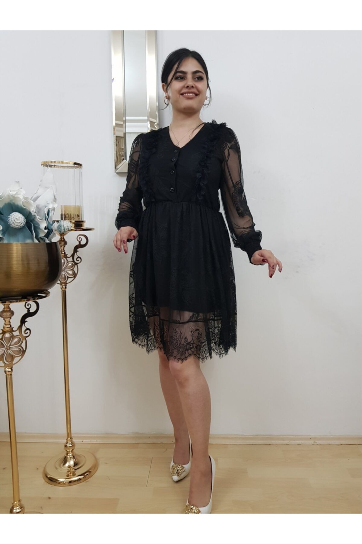 FERGAN Kadın Siyah Şifon Güpür Mini Elbise