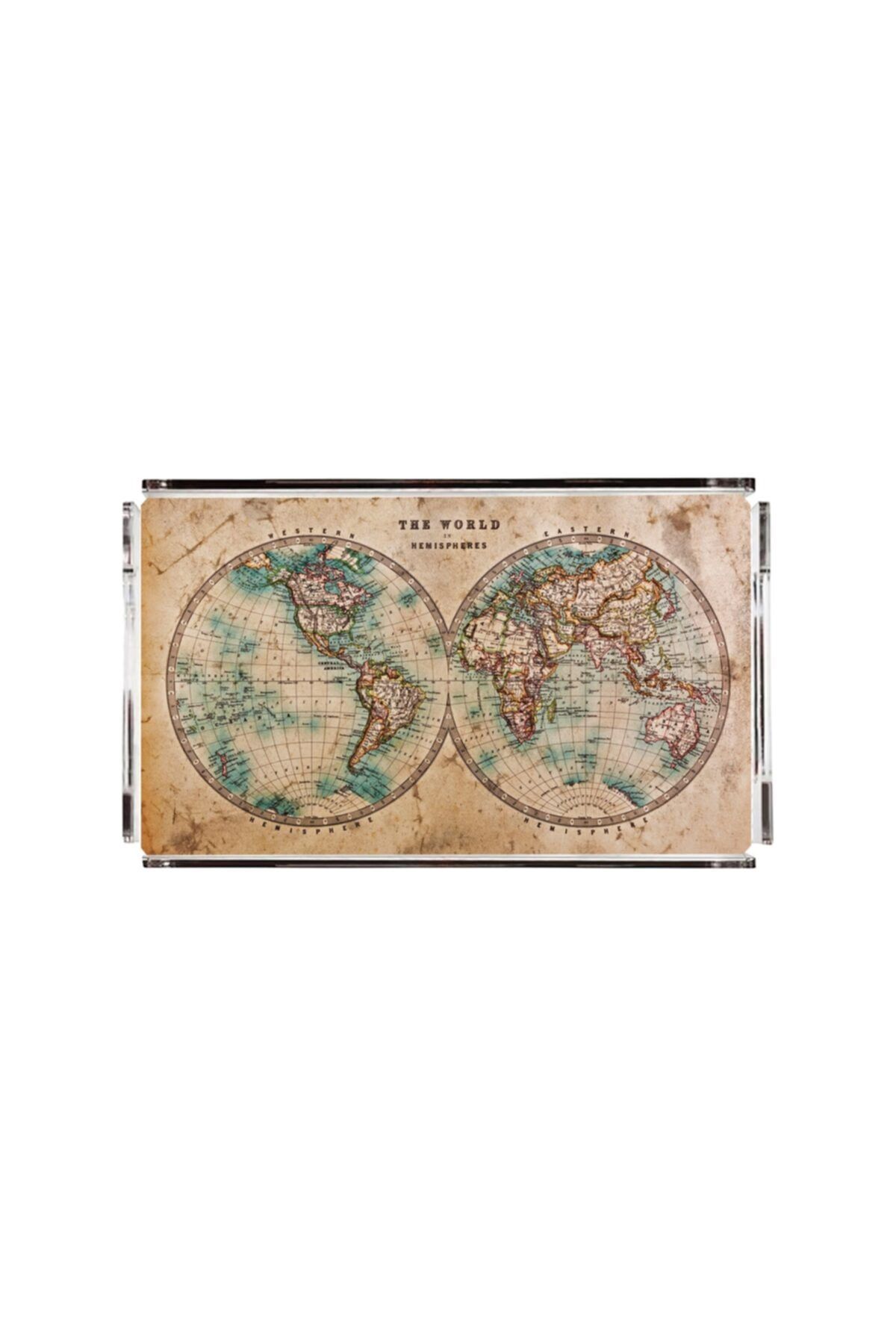 Adawall Vintage Dünya Haritası Pleksi Tepsi - Pt2118 - 40x24cm