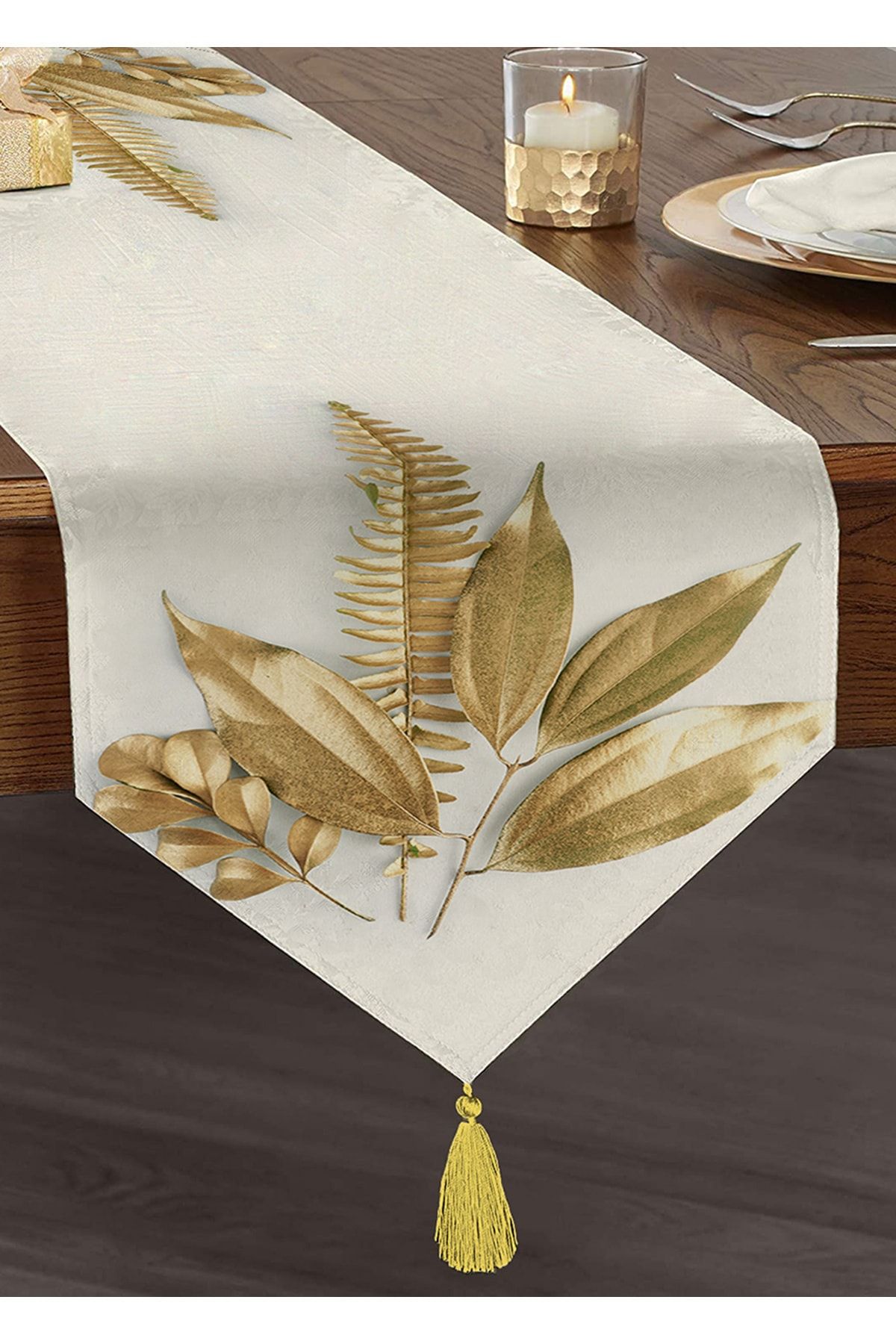 Realhomes 3d Altın Görünümlü Yapraklar Desenli Modern Püsküllü Şönil Üçgen Runner