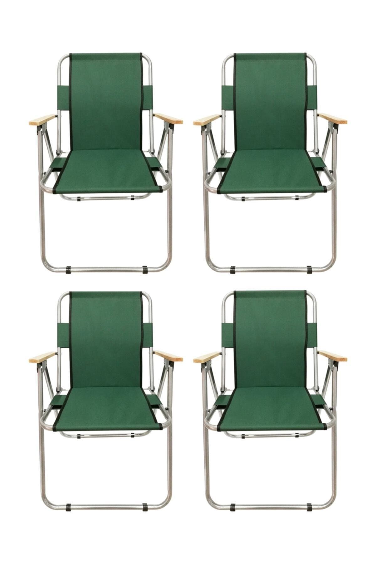 Tedarikcenter Kamp Sandalyesi 4 Adet Ahşap Kollu Katlanır Sandalye - Yeşil