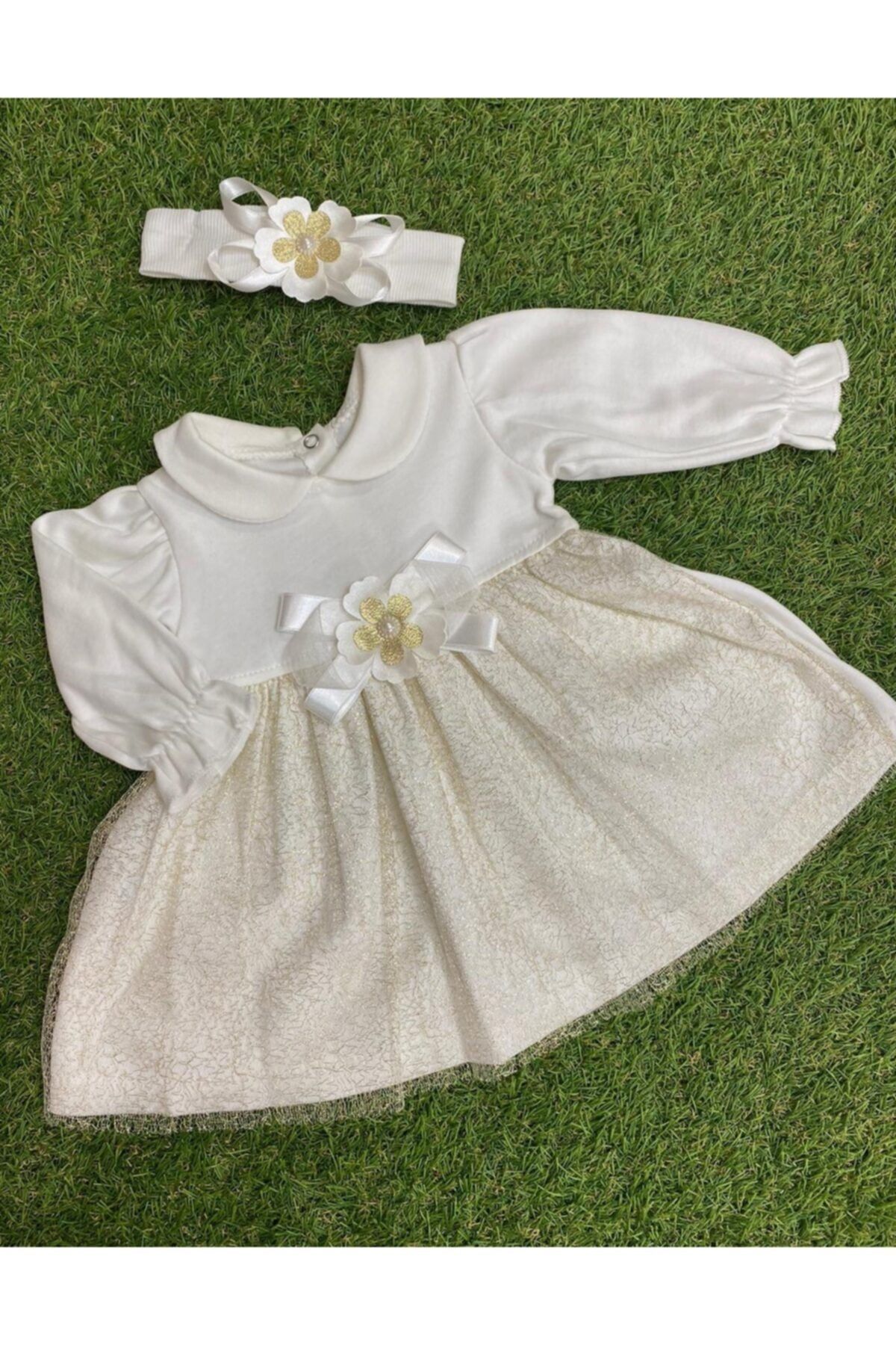 Sönmez Baby Kız Bebek Simli Çiçekli Penye Lüx Elbise