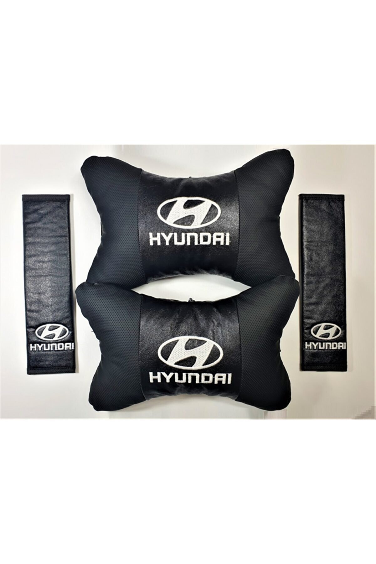 BsElektronik Hyundai Papyon Yastık Boyun Yastığı + Emniyet Kemeri Kılıfı Takım Beyaz Logo