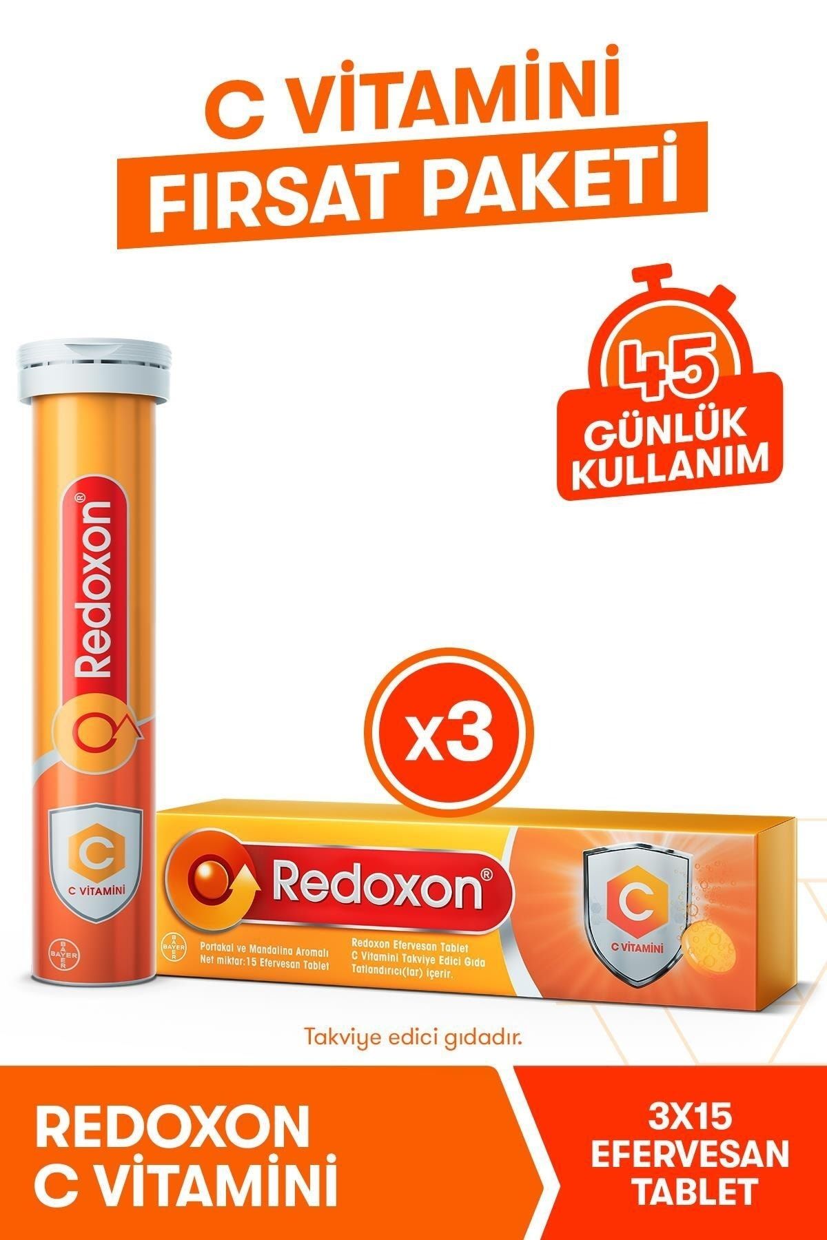 Redoxon C Vitamini 15 Efervesan Tablet 3li Paket I 1000 Mg C Vitamini Içeren Takviye Edici Gıda