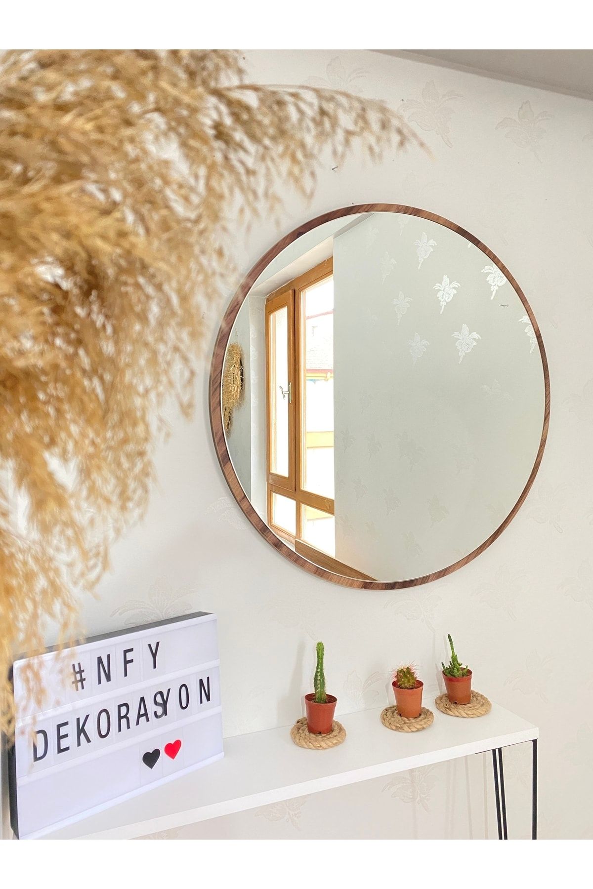 NFY DEKORASYON 70x70 Dekoratif Oval Yuvarlak Duvar Aynası Cm Ceviz Rengi Koridor,banyo,ofis,dresuar Üstü Ayna