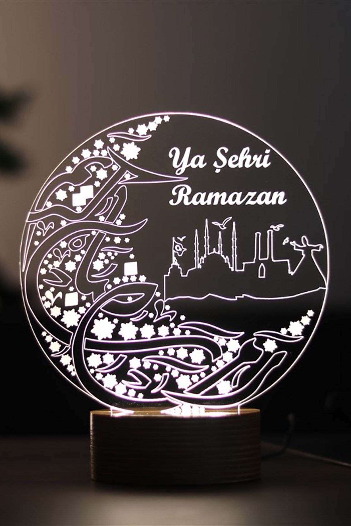 BY-LAMP Ya Şehr-i Ramazan Figürlü Dekoratif Hediye Led Masa Lambası - Ahşap Taban