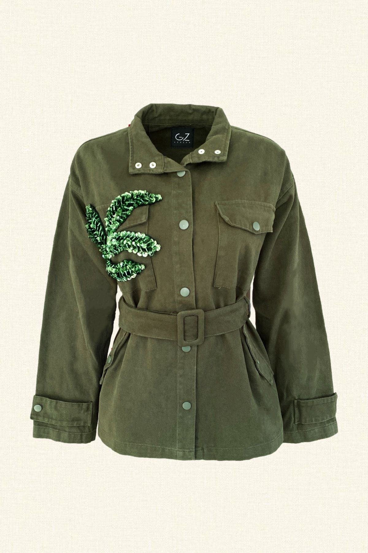 GZ Design Yaprak Işlemeli Yeşil Renk Jean Ceket