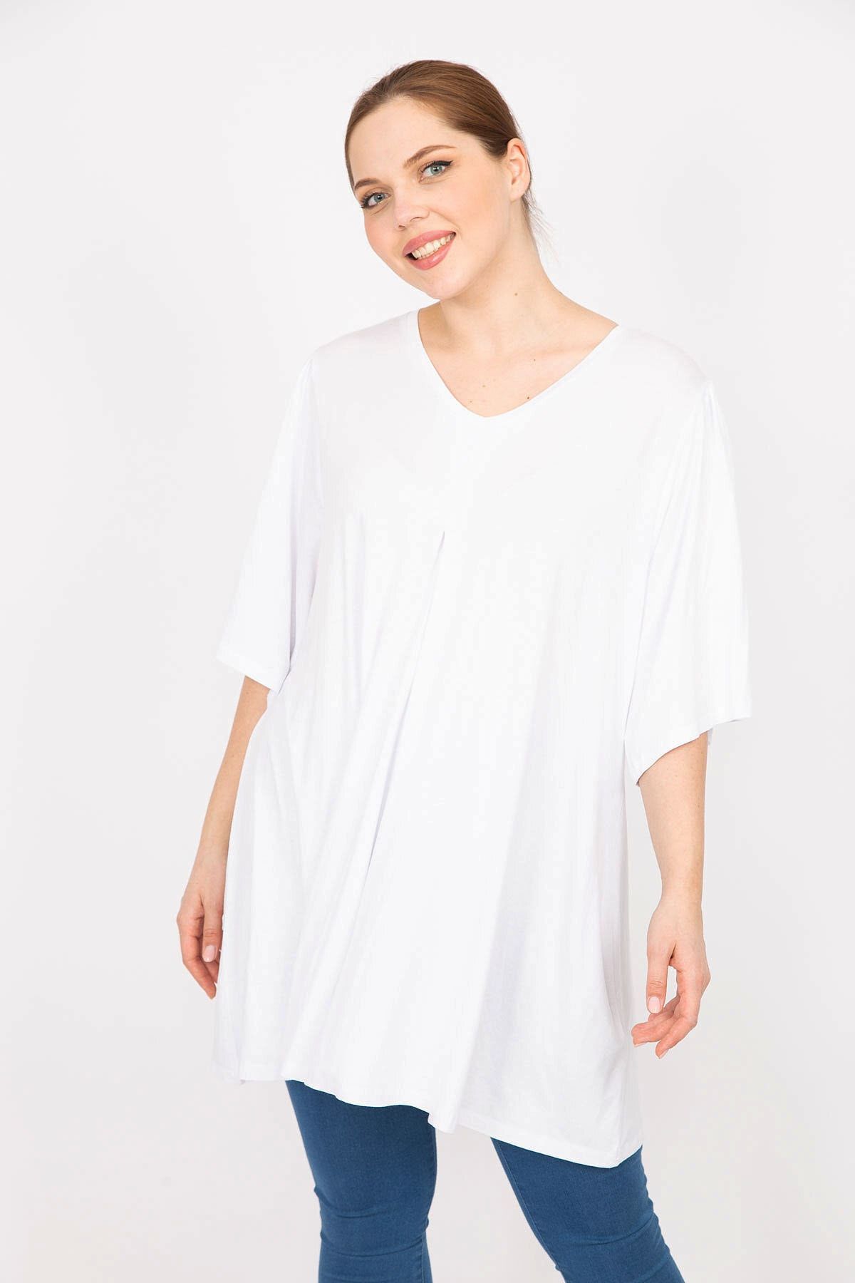 Şans Kadın Beyaz Büyük Beden Önü A Pileli V Yakalı Uzun Bluz 65n35951