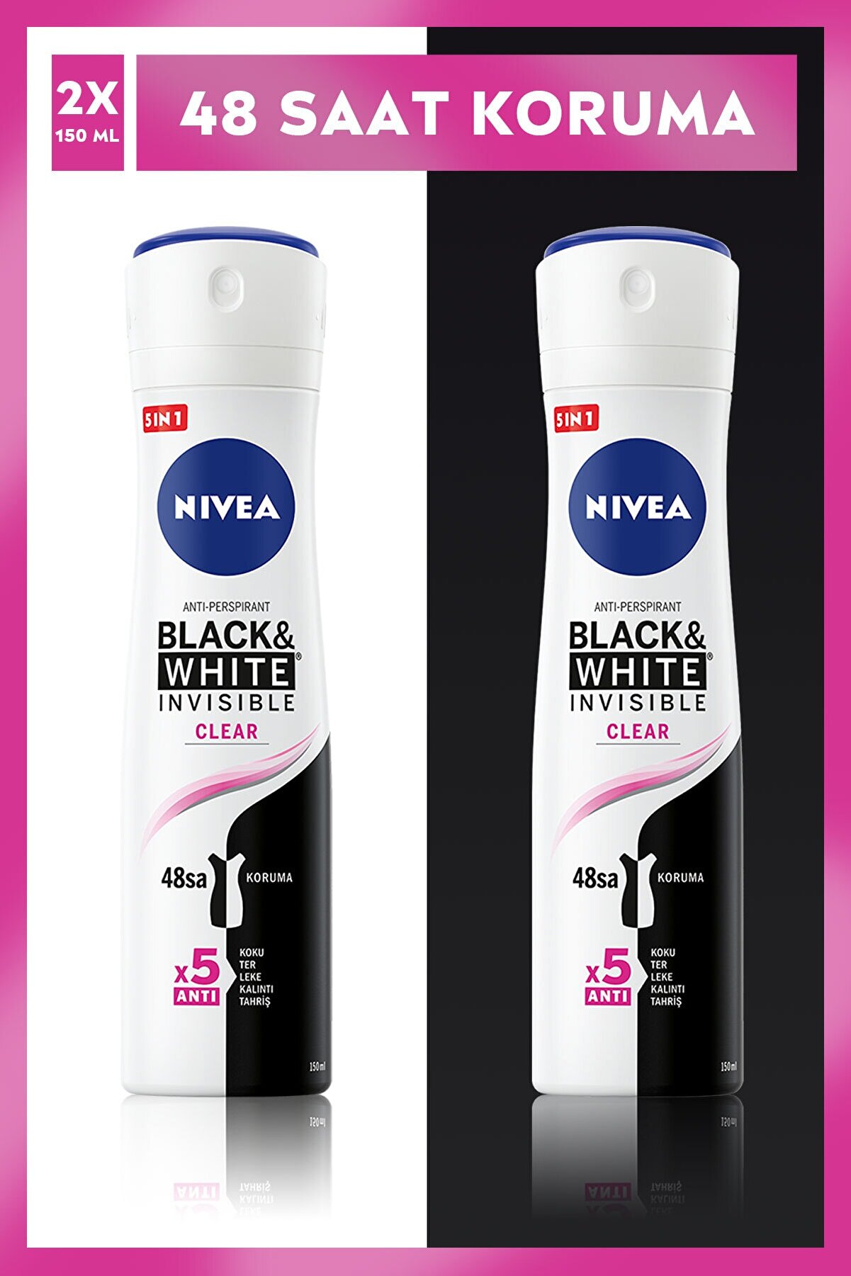 Nivea Black&white Invisible Clear Kadın Sprey Deodorant 150 ml X2 Adet,48 Saat Anti-perspirant Koruma