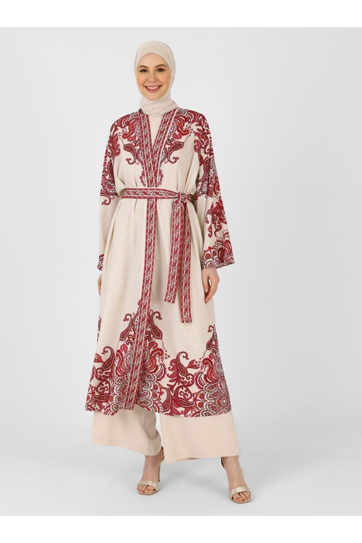 Refka Şal Desenli Kuşaklı Kimono - Vişne - Woman