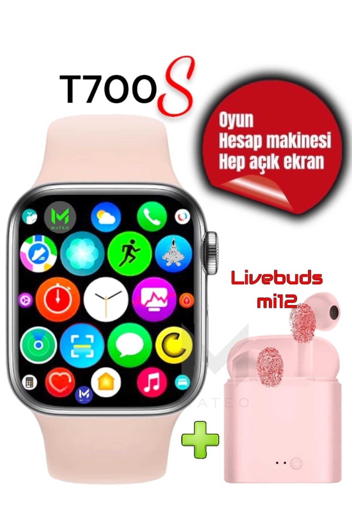 MATEO Akıllı Saat T700s Airbuds Mi12 Kablosuz Kulaklık Ikili Siyah Set Ios Android Smartwatch