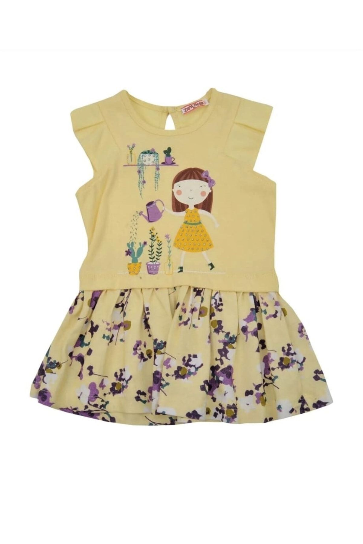 Zeyland Kız Bebek Çocuk %100 Pamuk Cotton Sarı Renk Çicekli Elbise