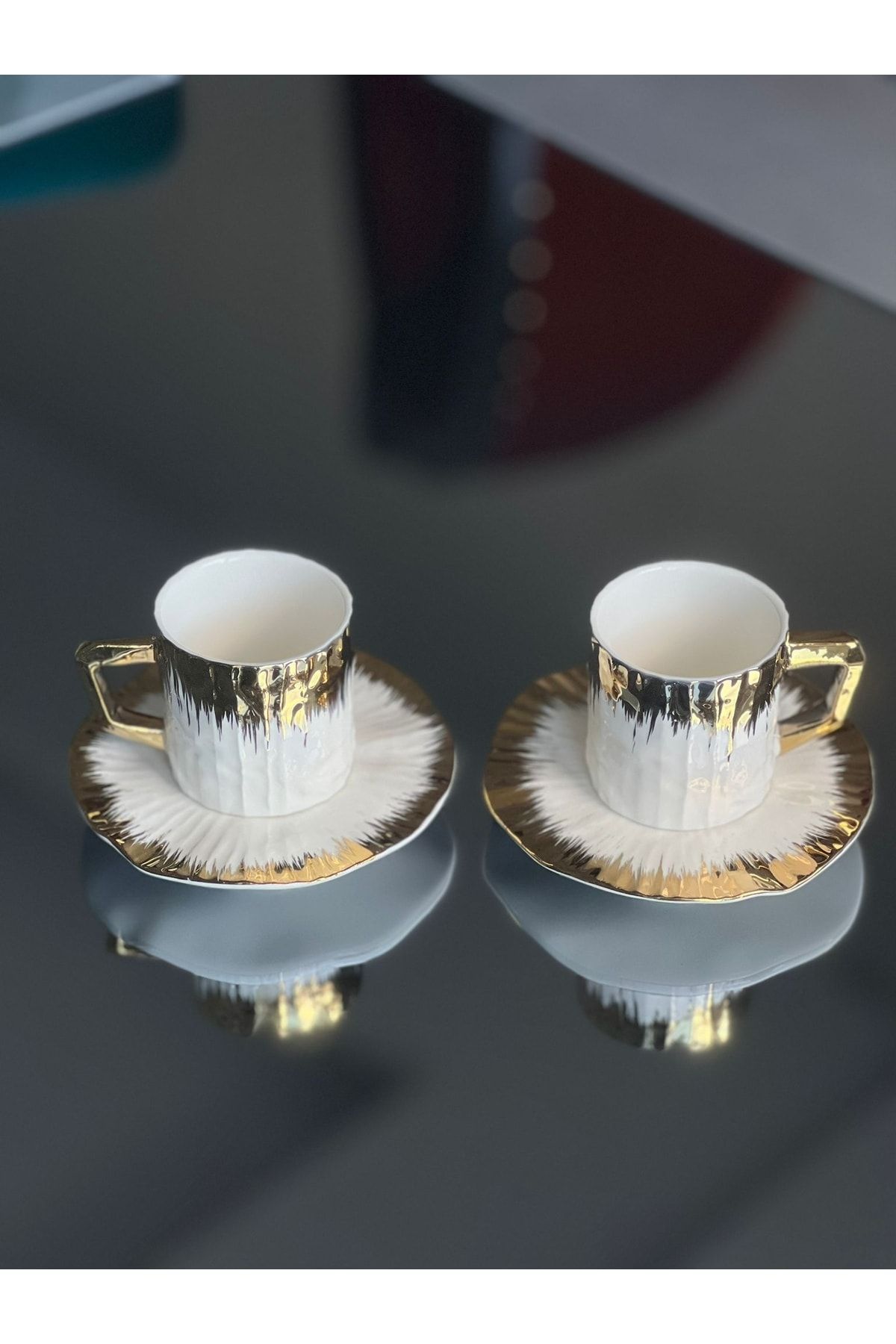 Kosova Ayaklı Gold Çizgili Kahve Fincan Seti, 80ml, 2 Kişilik