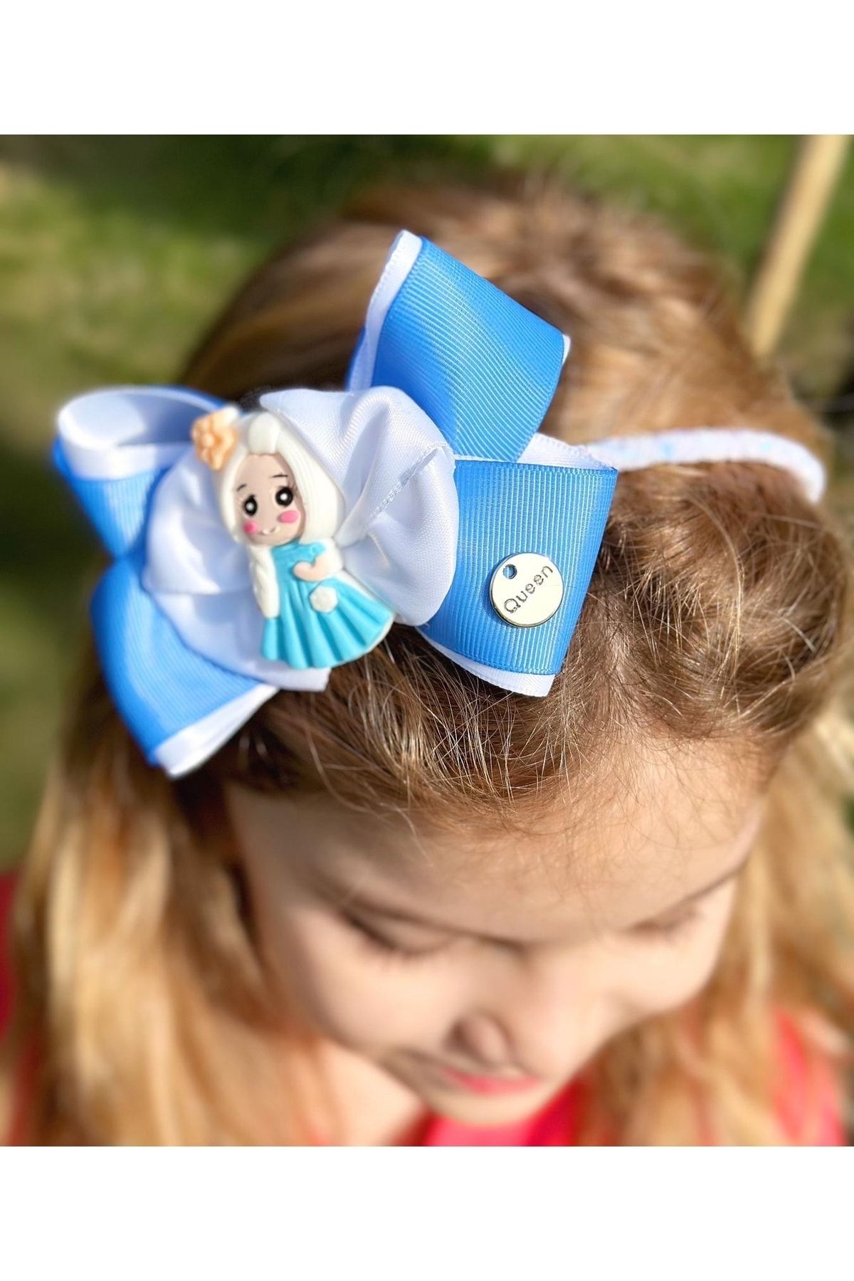 QUEEN AKSESUAR Özel Tasarım Lüks Simli Taç Sevimli Elsa Frozen Fiyonk Çocuk Kadın Tacı Mavi Beyaz