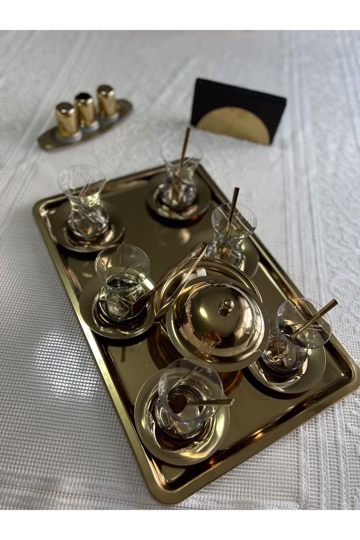 Gaios Design Lüks Çay Ve Servis Tepsisi Paslanmaz Çelik Gold Titanyum Kaplama Orta Boy 43x28