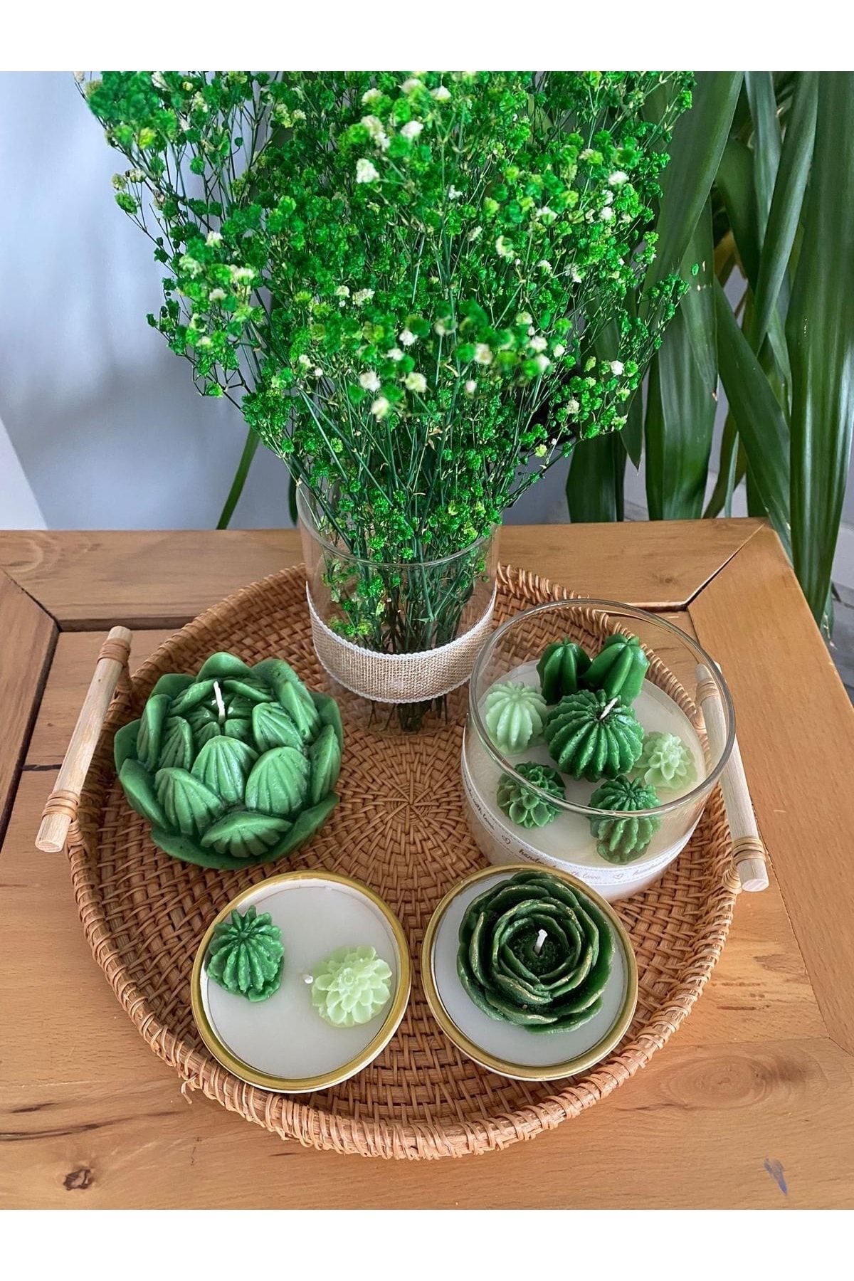 pixiperi Kulplu Hasır Tepsili Dekoratif Mum Ve Cam Vazo Yeşil Çiçek Kaktüs Temalı 6lı Set