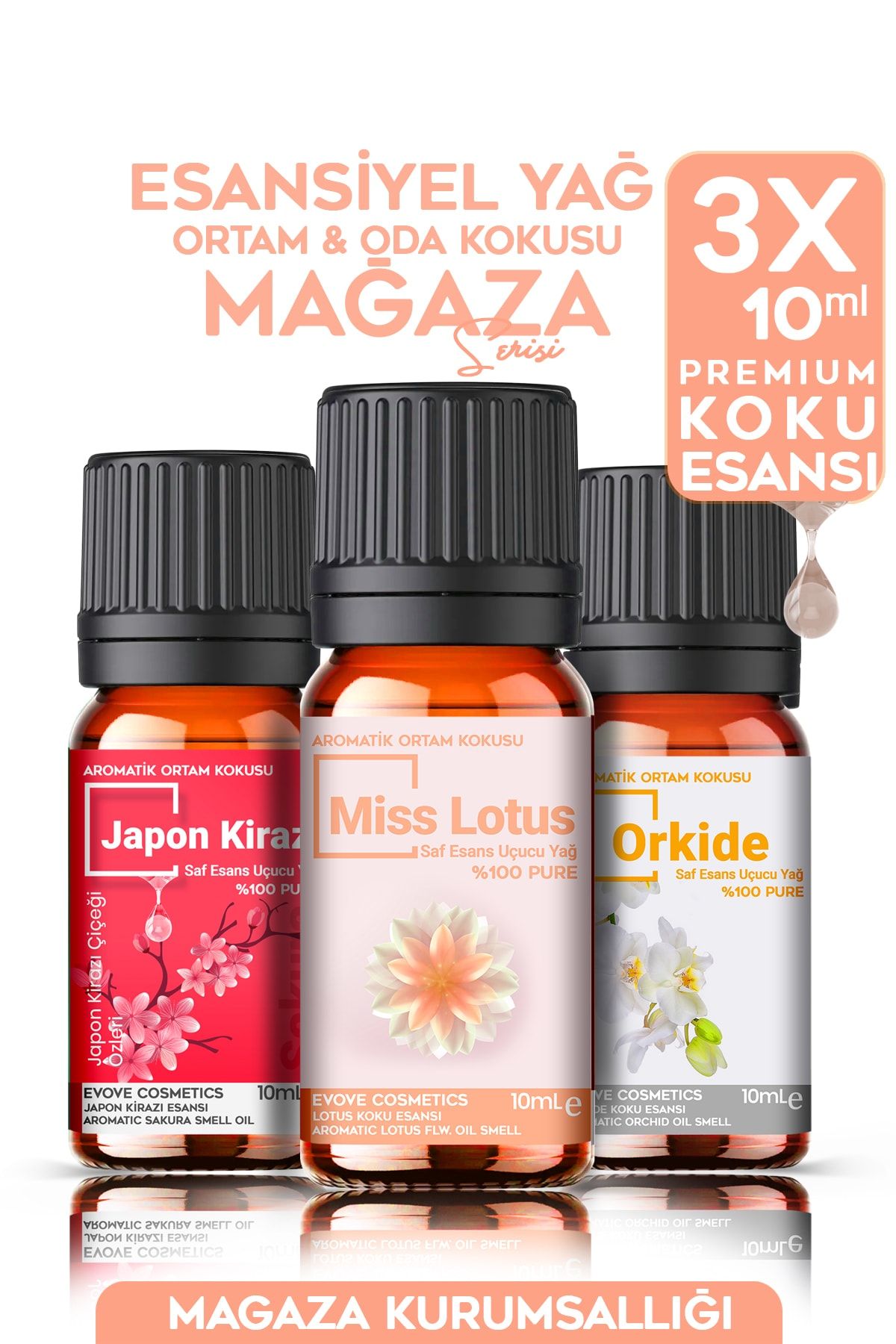 Evove Cosmetics Mağaza Oda Kokusu Serisi 3x10ml Esansiyel Uçucu Yağ %100 Doğal Sakura Lotus Orkide 3'lü Set