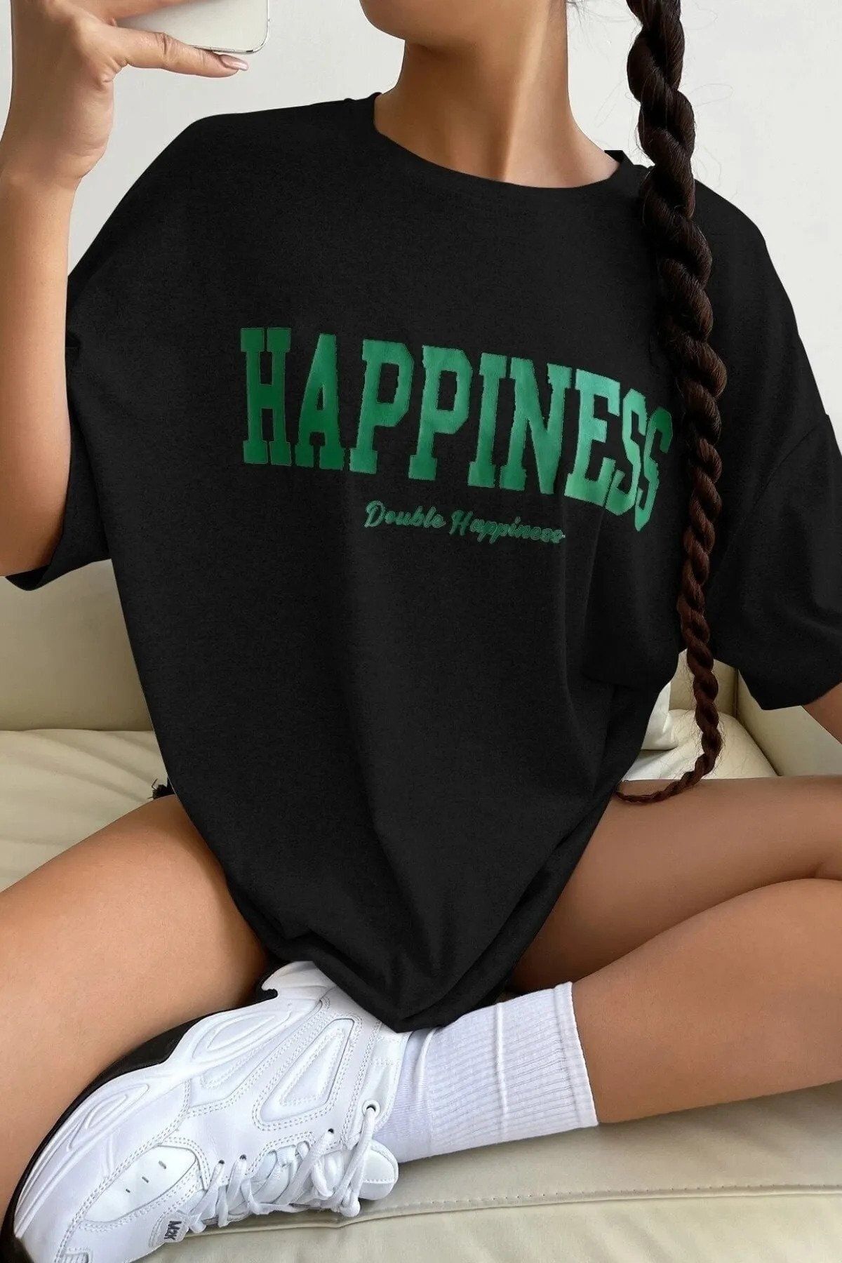 blackbonds Kadın Oversize Hapiness Baskılı Siyah T-shirt