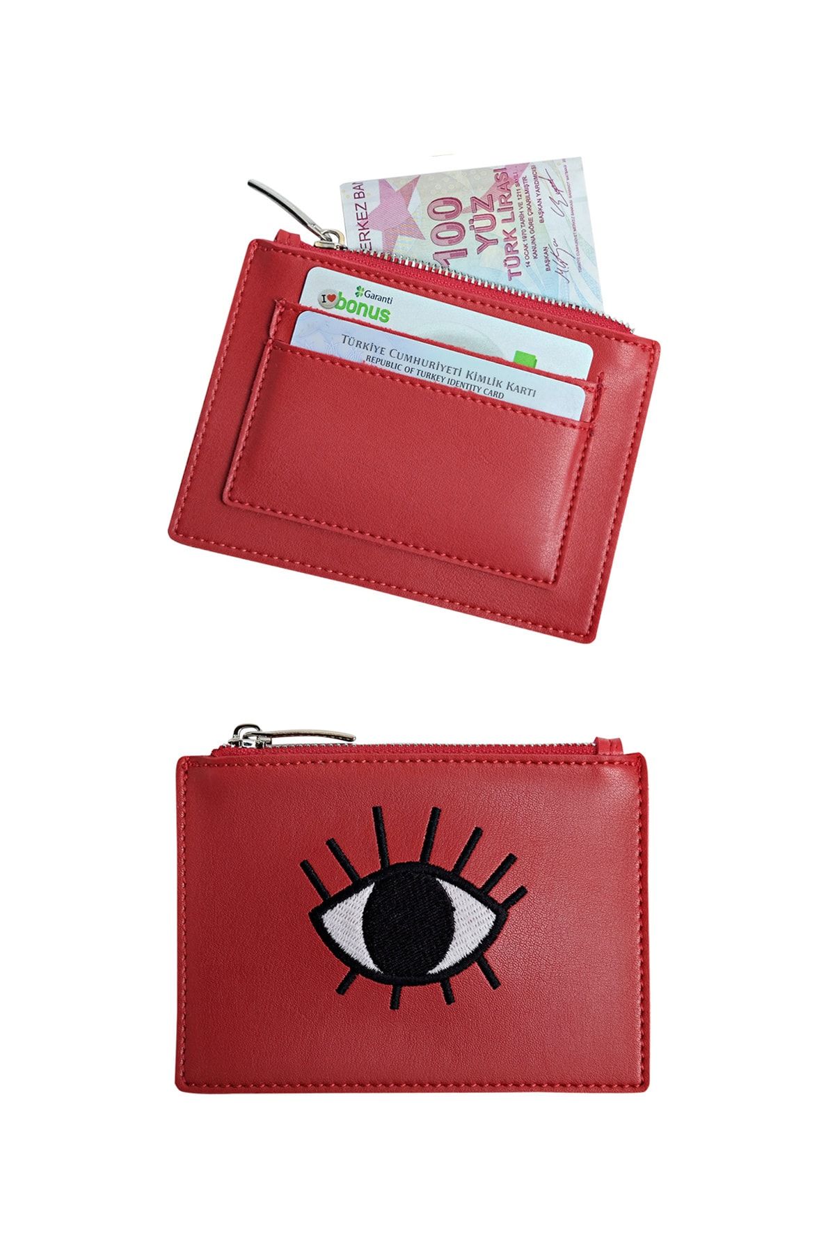 Bakras Kırmızı Göz Işlemeli Kartlık Bölmeli Fermuarlı Mini Çanta