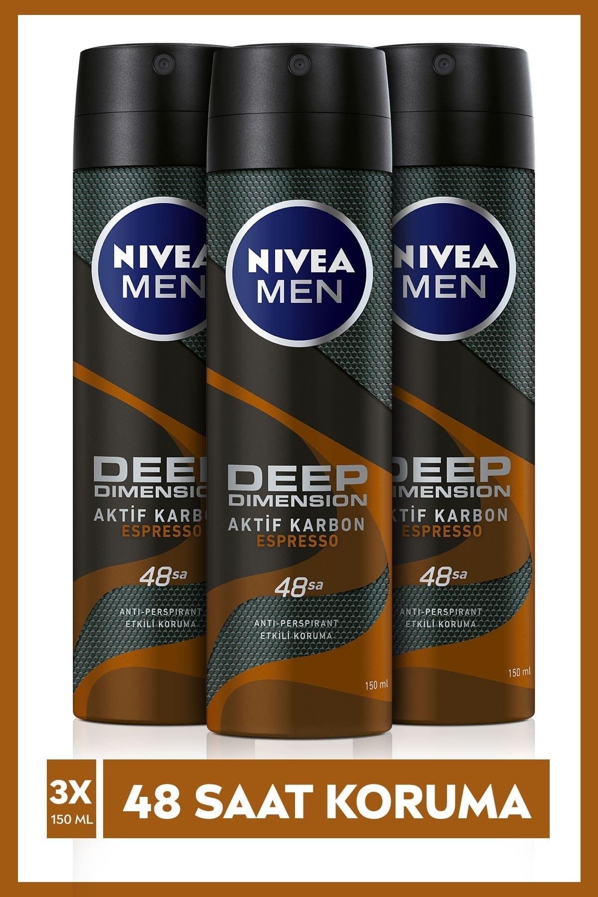 NIVEA Men Erkek Deodorant Deep Dimension Espresso 150 ml X3 Adet,48 Saat Anti-perspirant Koruma