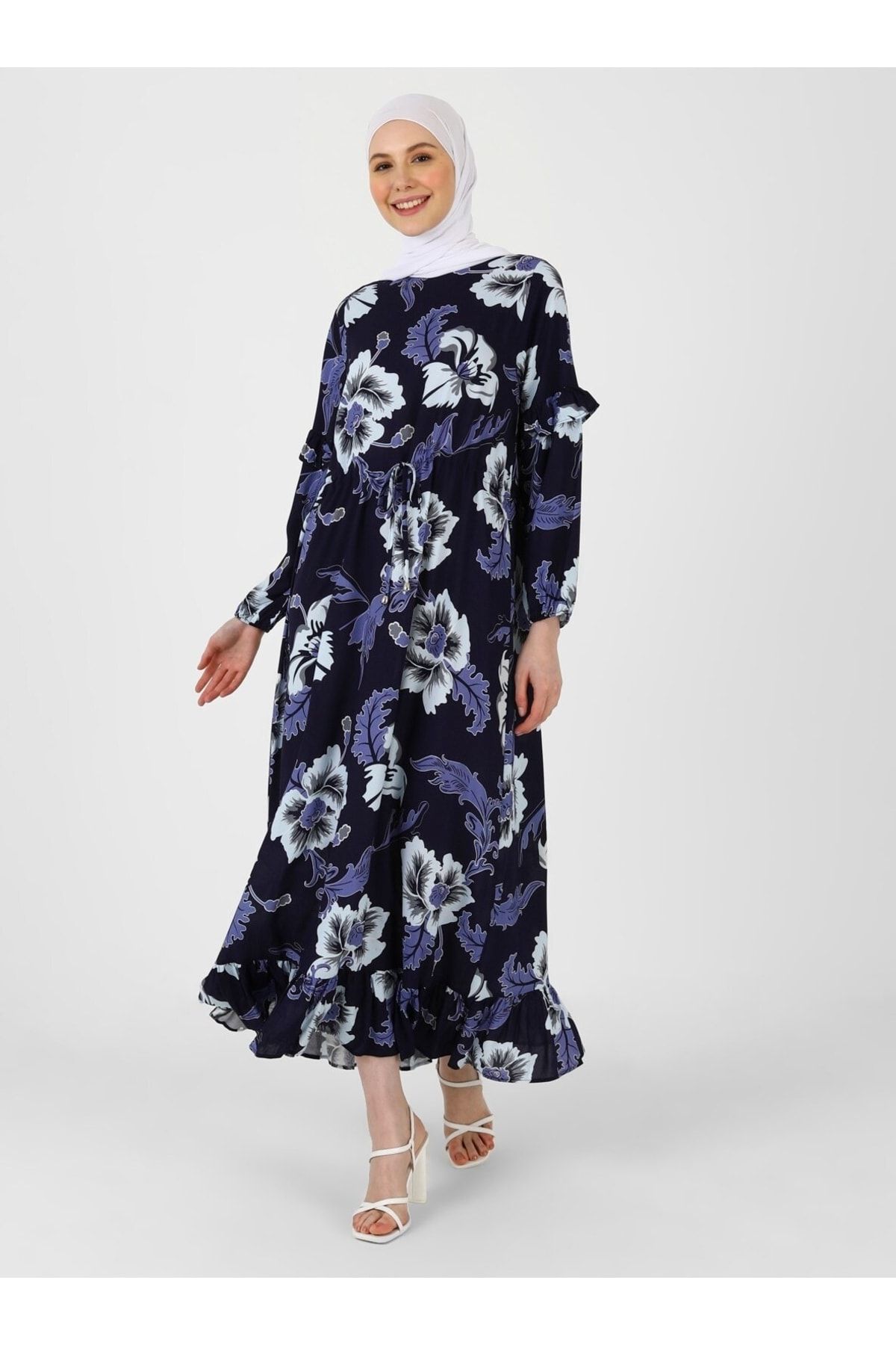 Refka Doğal Kumaşlı Çiçek Desenli Tesettür Elbise - Lacivert Gri - Woman