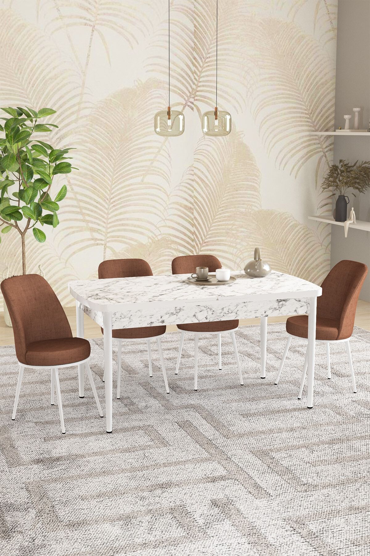 hoopsii Rita Beyaz Mermer Desen 80x132 Açılabilir Mutfak Masası Takımı 4 Adet Sandalye