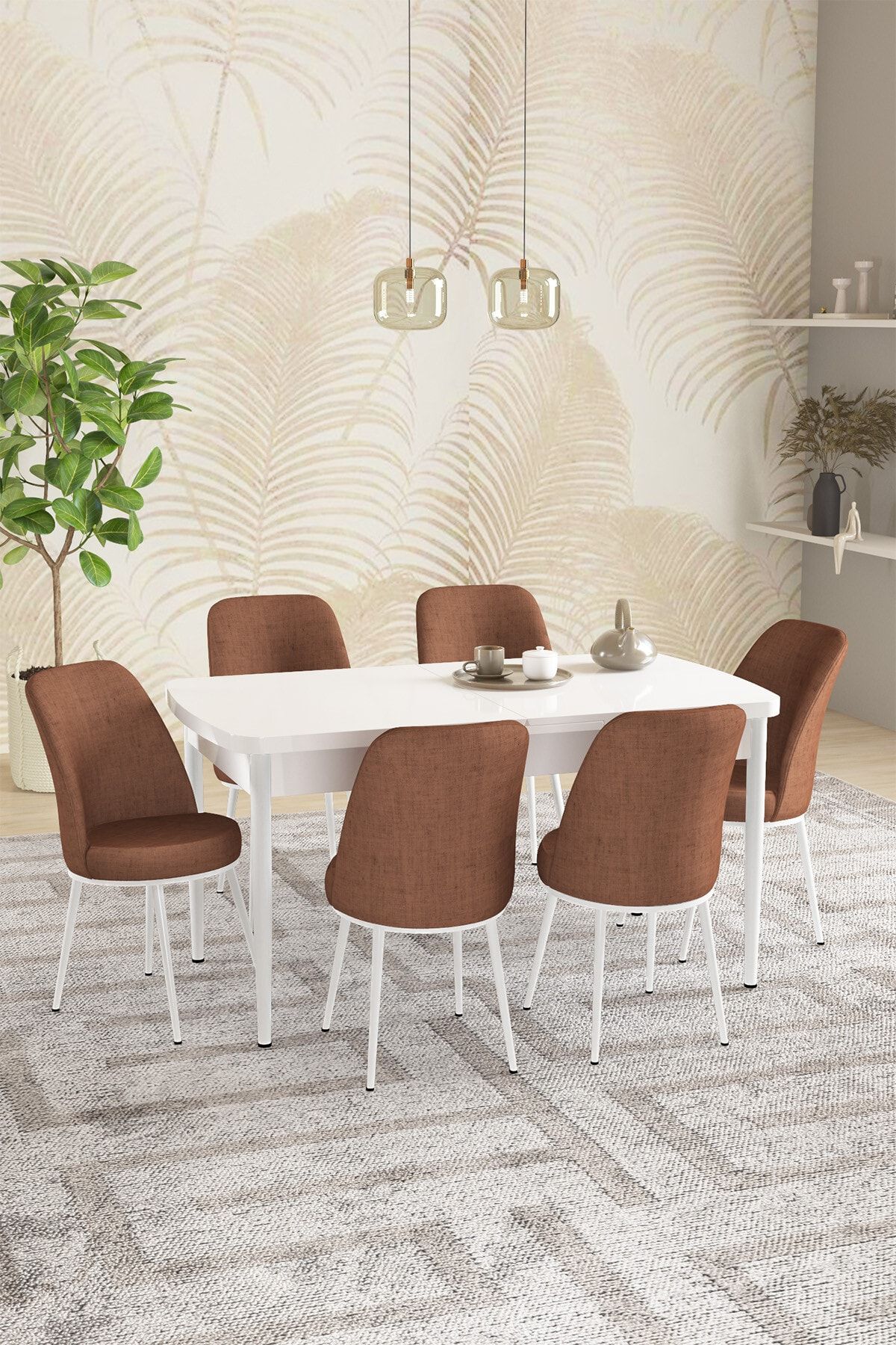 hoopsii Rita Beyaz 80x132 Açılabilir Mutfak Masası Takımı 6 Adet Sandalye