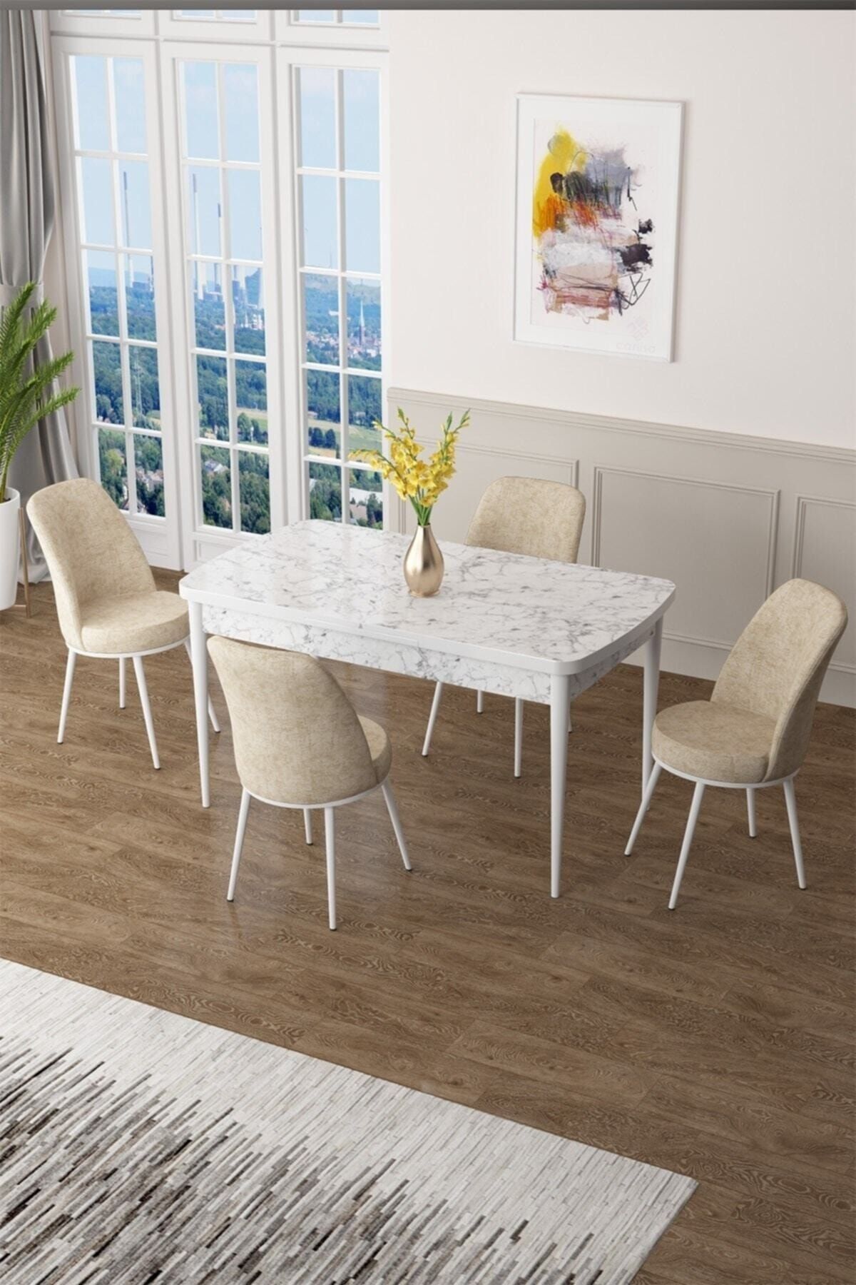 Canisa Concept Zen Serisi, 80x132 Açılabilir Mdf Beyaz Mermer Desen Mutfak Masa Takımı,4 Krem Sandalye