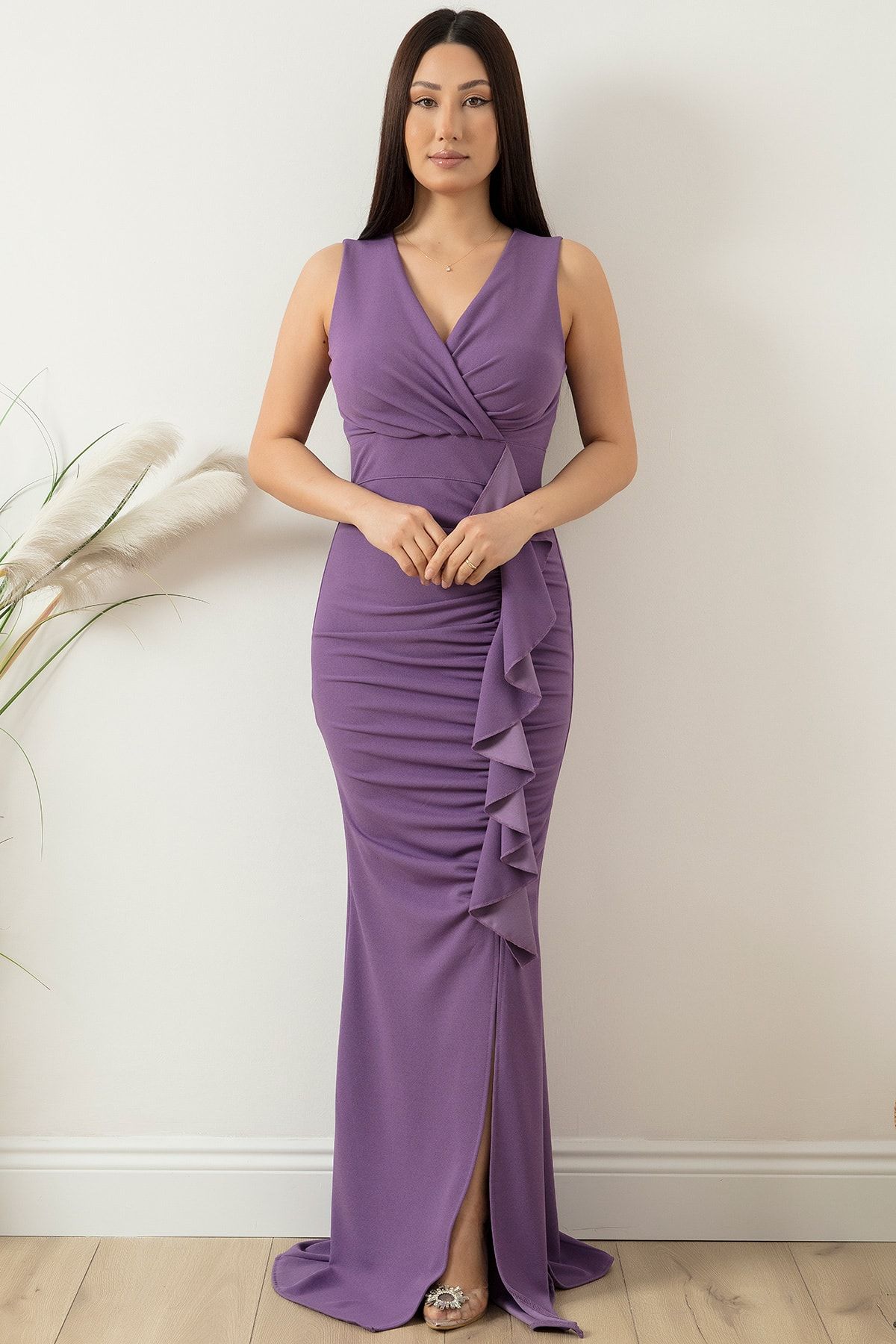 PULLIMM Sıfır Kol Drape Detaylı Uzun Elbise 13421