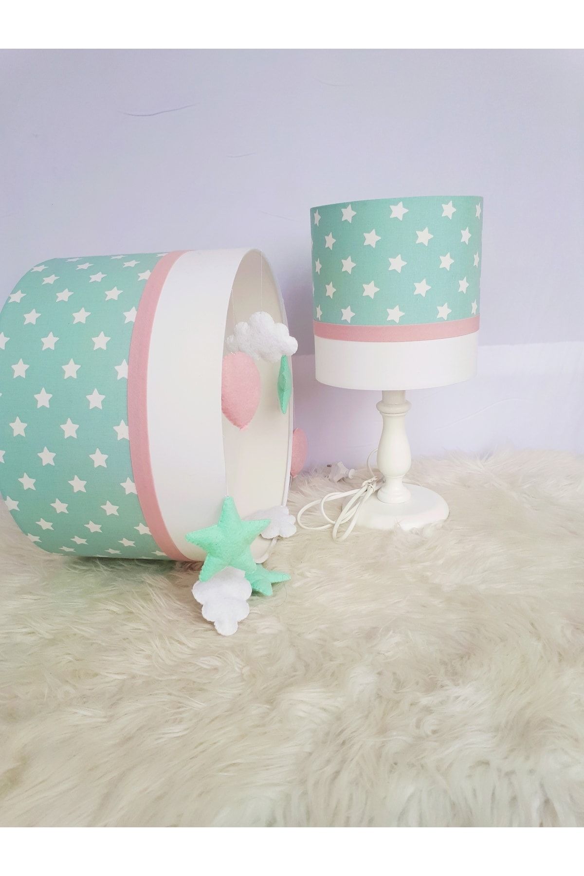 Leobabyroom Mint Yeşili Minik Yıldızlı Pembe Şeritli Beyaz Bebek/çocuk Odası Tasarım Avize Abajur Seti