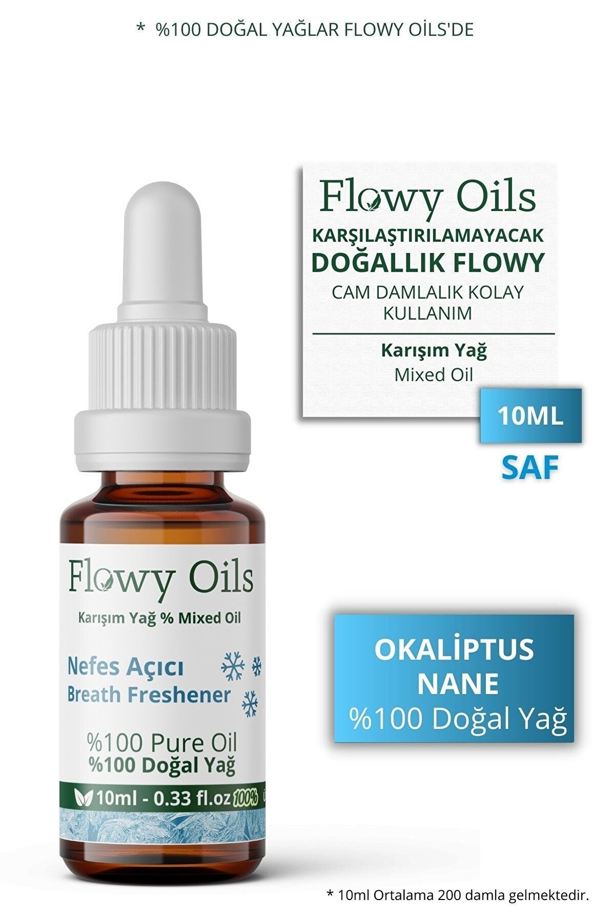 Flowy Oils Nefes Açıcı Karşım Uçucu Yağ Okaliptüs/nane %100 Doğal Bitkisel Uçucu Yağ Breath Freshener Oil 10ml
