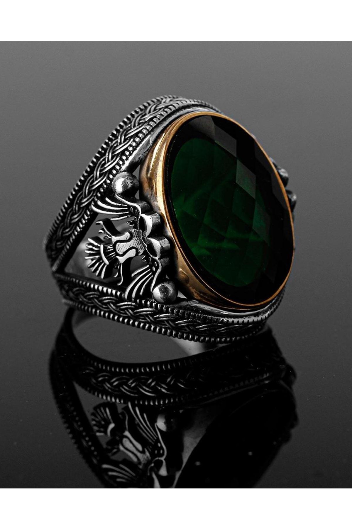 Else Silver Selçuklu Kartalı Modeli Yeşil Taşlı Gümüş Erkek Yüzüğü