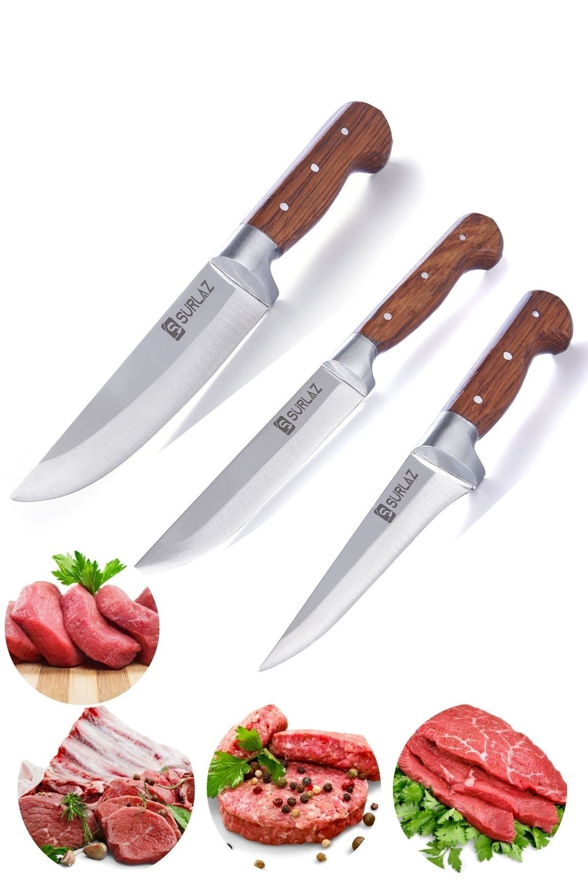 SürLaz Handmade Sürmene Kasap Kurban Serisi Bıçak Seti Et Sebze Yüzme Sıyırma Bıçak Mutfak Bıçağı 3'lü