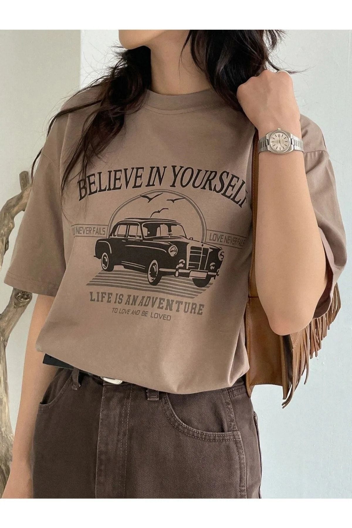 Trendseninle Kadın Kahverengi Believe In Yourself Baskılı Oversize Tişört